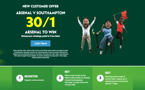 Paddy Power Welcome Offer: Get 30/1 on Arsenal To Win vs Southampton